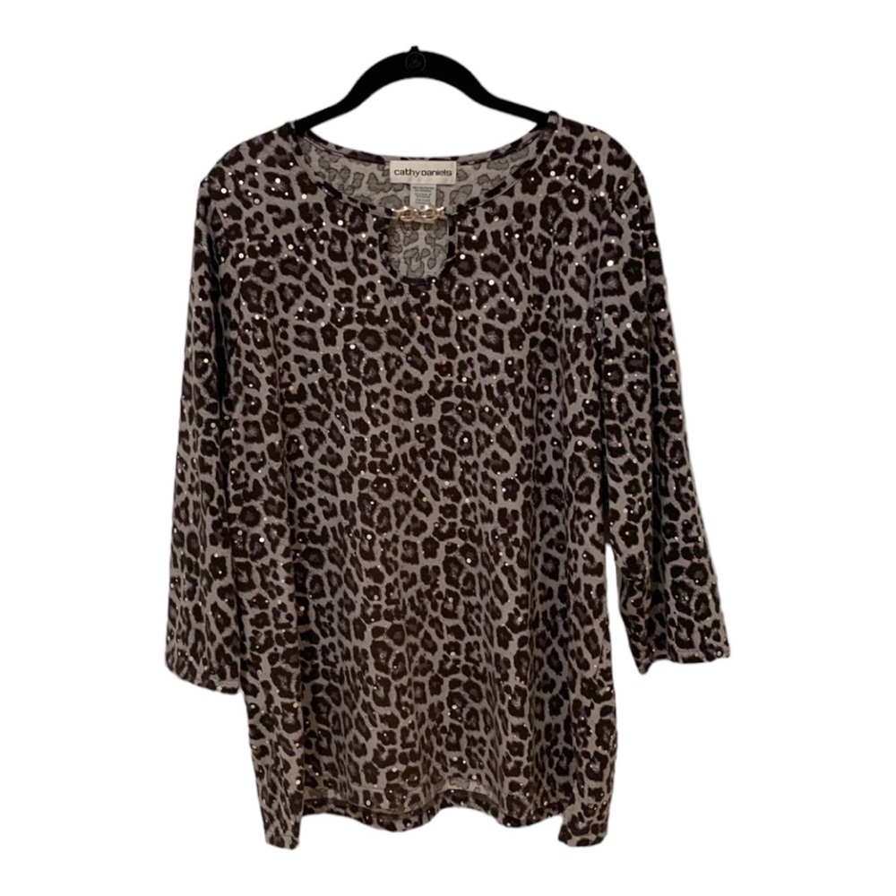 Cathy Daniels Black & White Animal Print Sequins Top Sz XL